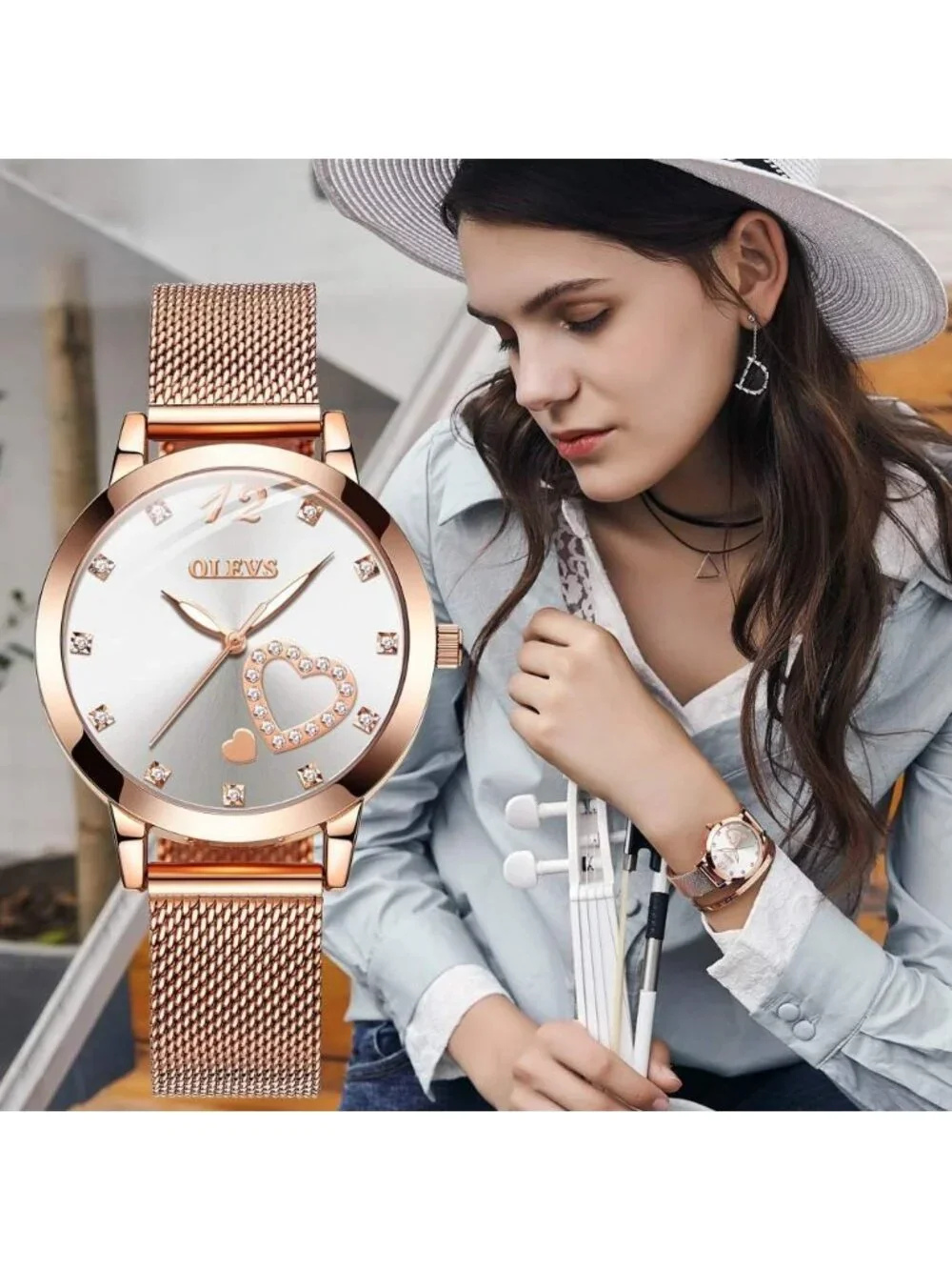 Women's White Mesh Strap Fashion Dress Hearts Quartz Bracelet Sets Ladies Watch